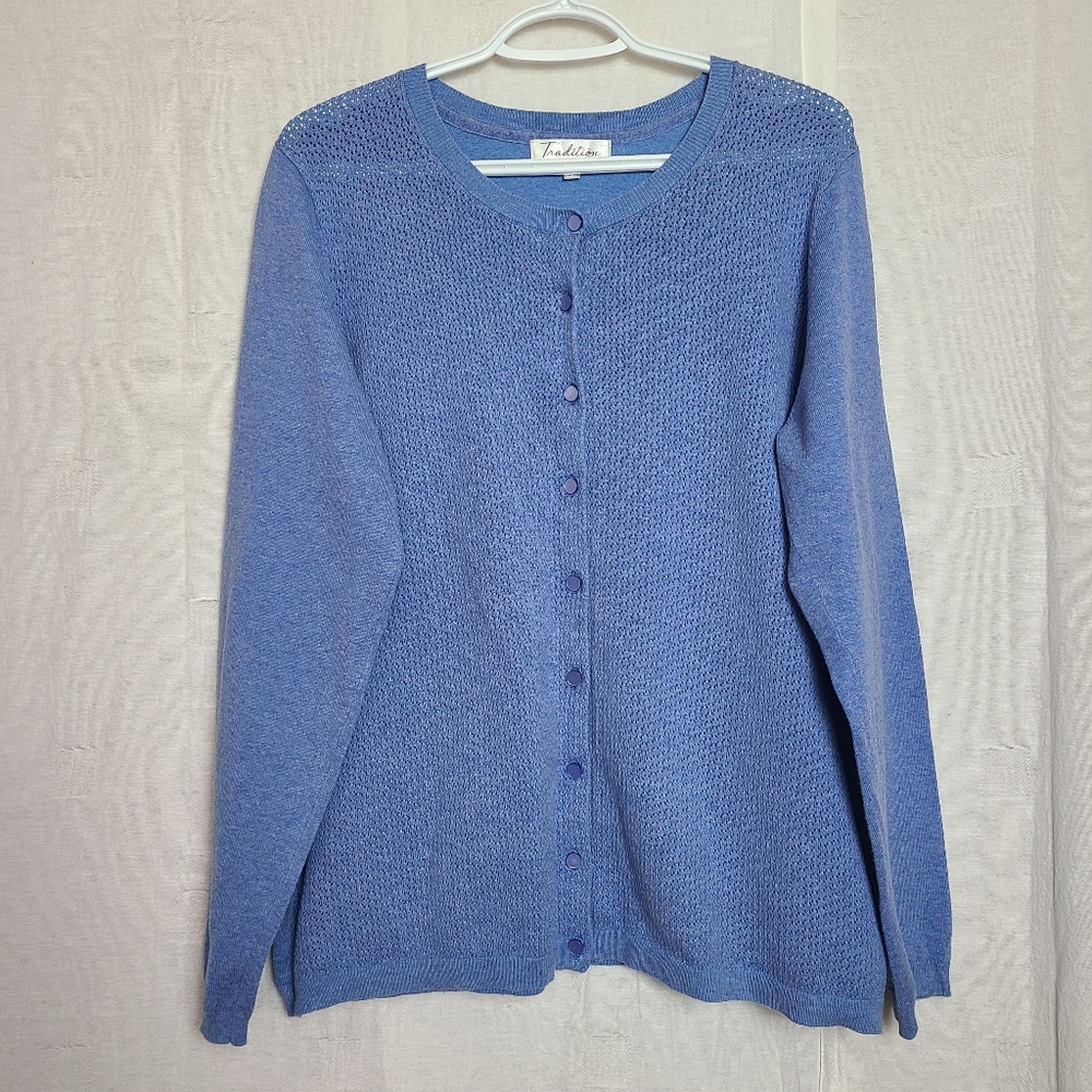 Tradition Women's L Cardigan Sweater Blue Eyelet Button Up Casual Grandmacore